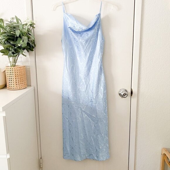 🦋 NWOT LULUS You're My Type Light Blue Satin Floral Jacquard Midi Slip Dress - Picture 2 of 5